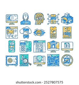 financial technology and software doodle icons set vector. sketch line art api and iot finance technology, online bank and payment with credit card pos terminal, money and crypto color illustrations