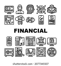 Tecnología Financiera E Iconos De Software Set Vector. Tecnología Api E Iot Finance, Banco En Línea Y Pago Con Terminal Pos De Tarjeta De Crédito, Ilustraciones De Contorno Negro Dinero Y Cripto Moneda Digital