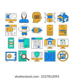 Tecnologia Financeira E Ícones De Software Definem Vetor. Api E Tecnologia De Financiamento Iot, Banco Online E Pagamento Com Cartão De Crédito Terminal Pos, Dinheiro E Cripto Digital Ilustrações De Contorno De Cores