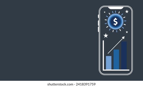 financial technology statistic information concept with dollar sign coin, bar graph, rising arrow and smart phone layout icon.