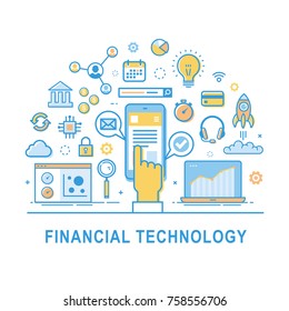 Financial technology vector, fin-tech concept background with hand and smartphone. Icon set for infographic.