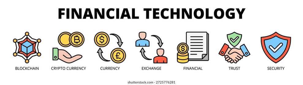 Financial technology web banner icon vector illustration concept for digital finance with icon of blockchain, cryptocurrency, currency, exchange, financial, trust, and security.
