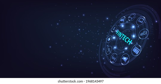 Financial technology,banking and money transaction.Icon Fintech and things on dark blue technology background.3D illustration.