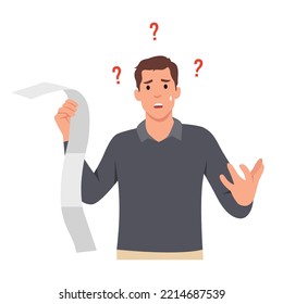 Tema financiero con un hombre cansado y conmocionado sosteniendo y analizando la muy larga cuenta. Concepto de problema financiero con un hombre que se siente sorprendido por su exceso de gasto. Ilustración vectorial plana aislada en blanco