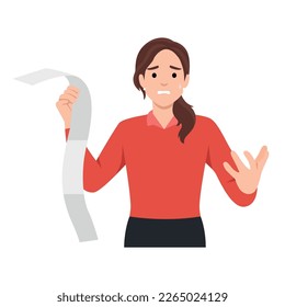 Financial theme with weary and shocked woman holding perusing the very long bill. Financial problem concept with woman feeling shocked from her overspending. Flat vector illustration isolated on white