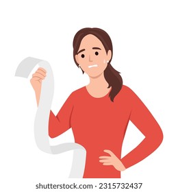 Financial theme with weary and shocked woman holding perusing the very long bill. Financial problem concept with woman feeling shocked from her overspending. Flat vector illustration isolated on white