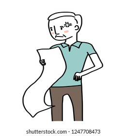 Financial theme with weary and stressed out man holding and perusing the very long bill. Financial problem concept with mature man feeling shocked from his overspending. Hand-drawn style vector.