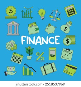 financial themed element icons in a colorful flat doodle style