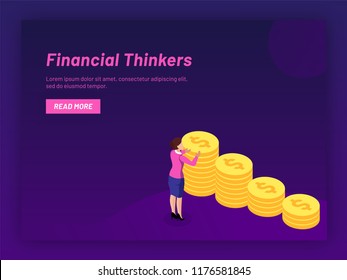 Financial Thinker concept based isometric design with coin stack graph on purple background.