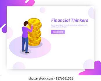 Financial Thinkers concept based landing page design, financial advisor with coin stack on abstract background.