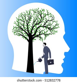 Financial thinking mentor business concept. Business man in suit watering big tree in form of human brain with dollar bills instead of leaves. Concept of financial thinking and profitable strategy.