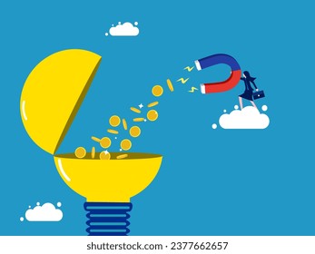 Financial thoughts. Businesswoman sucking money from light bulb