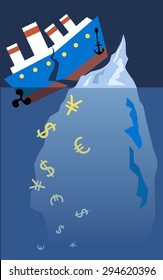 Financial Titanic. A steam boat hit an iceberg and broke onto halves, currency symbols sinking under it, vector illustration, no transparencies, EPS 8 