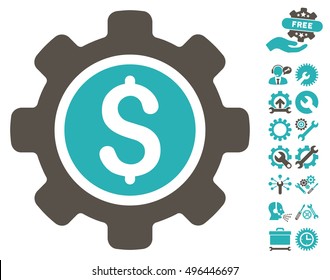 Financial Tools icon with bonus tools icon set. Vector illustration style is flat iconic bicolor symbols, grey and cyan colors, white background.