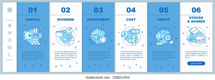 Financial tools onboarding mobile web pages vector template. Capital, investment, profit, cost. Responsive smartphone website interface and linear icons. Webpage walkthrough step screen. Color concept