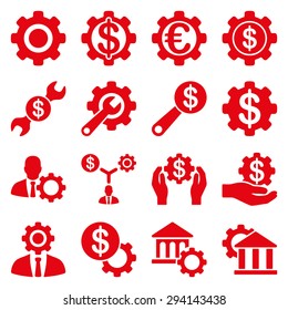 Financial tools and options icon set. Vector style: flat symbols, red color, rounded angles, white background.