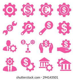 Financial tools and options icon set. Vector style: flat symbols, pink color, rounded angles, white background.