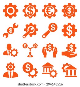 Financial tools and options icon set. Vector style: flat symbols, orange color, rounded angles, white background.