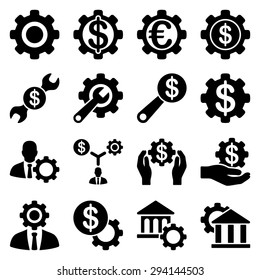 Financial tools and options icon set. Vector style: flat symbols, black color, rounded angles, white background.