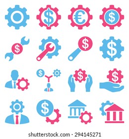 Financial tools and options icon set. Vector style: flat bicolor symbols, pink and blue colors, rounded angles, white background.