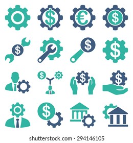 Financial tools and options icon set. Vector style: flat bicolor symbols, cobalt and cyan colors, rounded angles, white background.