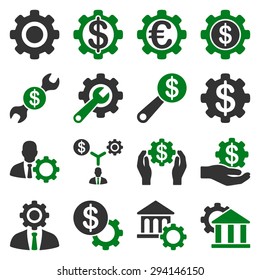Financial tools and options icon set. Vector style: flat bicolor symbols, green and gray colors, rounded angles, white background.