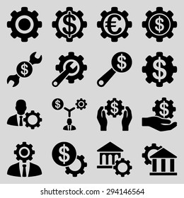 Financial tools and options icon set. Vector style: flat symbols, black color, rounded angles, light gray background.