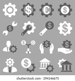 Financial tools and options icon set. Vector style: flat bicolor symbols, dark gray and white colors, rounded angles, silver background.
