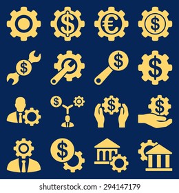 Financial tools and options icon set. Vector style: flat symbols, yellow color, rounded angles, blue background.