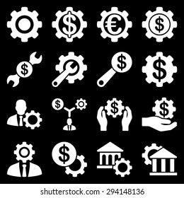 Financial tools and options icon set. Vector style: flat symbols, white color, rounded angles, black background.