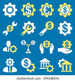 Financial tools and options icon set. Vector style: flat bicolor symbols, yellow and white colors, rounded angles, blue background.
