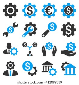 Financial tools and options icon set. Vector style is flat bicolor symbols, blue and gray colors, rounded angles, white background.