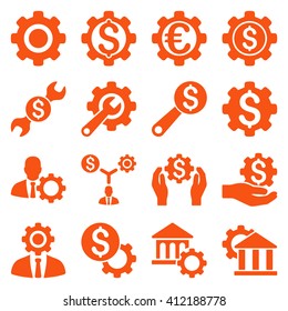 Financial tools and options icon set. Vector style is flat symbols, orange color, rounded angles, white background.