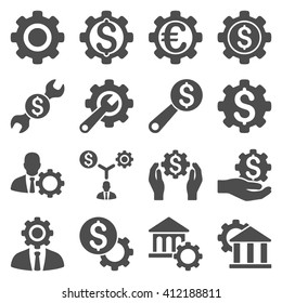 Financial tools and options icon set. Vector style is flat symbols, gray color, rounded angles, white background.