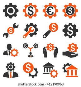 Financial tools and options icon set. Vector style is flat bicolor symbols, orange and gray colors, rounded angles, white background.