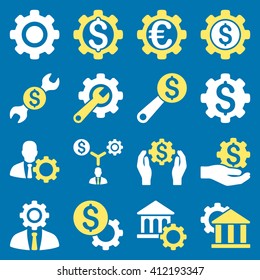 Financial tools and options icon set. Vector style is flat bicolor symbols, yellow and white colors, rounded angles, blue background.