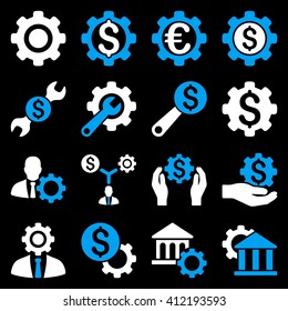 Financial tools and options icon set. Vector style is flat bicolor symbols, blue and white colors, rounded angles, black background.