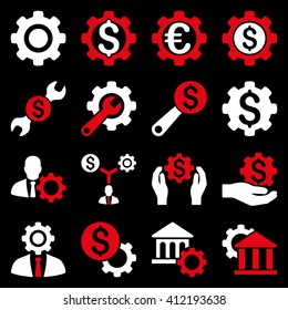 Financial tools and options icon set. Vector style is flat bicolor symbols, red and white colors, rounded angles, black background.