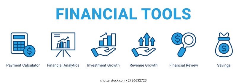 Financial Tools web banner icon concept, with Payment Calculator, Financial Analytics, Investment Growth, Revenue Growth, Financial Review, Savings.