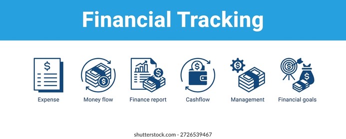 Ícone do banner da Web de Acompanhamento Financeiro conceito de ilustração vetorial , com ícone de Despesa, Fluxo de dinheiro, Relatório financeiro, Fluxo de caixa, Gerenciamento.