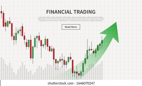 Financial trade chart with uptrend arrow vector illustration. Stock market candlestick graph webpage banner. Forex trading graphic design concept.
