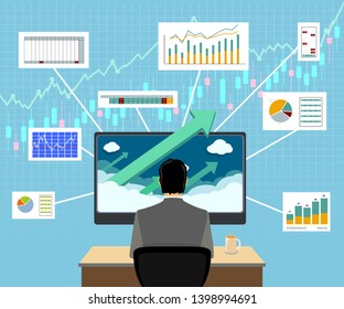 Financial trader on workplace. Graphs and charts on computer screen. Vector illustration.