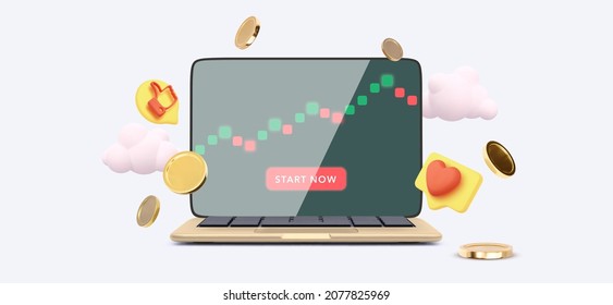 Financial trading banner in 3d realistic style. Laptop displaying stock market quotes. Investment trading in the stock market. Vector illustration