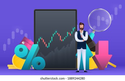 Financial trading banner. A businessman is pondering an idea. Percentage with up and down arrows. Wallet, bank card, graph, magnifier, tablet. Vector.