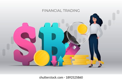 Financial trading banner. The girl is holding a gold coin in her hands. Gold coins, wallet, bank card, chart, Dollar and bitcoin icon. Vector.
