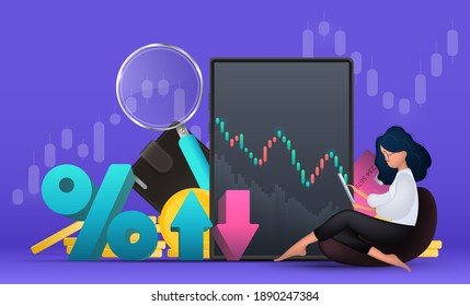 Financial trading banner. A girl with a tablet sits on a pouf. Percentage with up and down arrows. Wallet, bank card, schedule, magnifier, tablet. Vector.