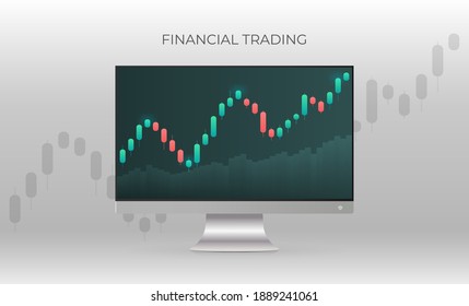 Financial trading banner. A monitor displaying stock market quotes. Investment trading in the stock market. Vector illustration.
