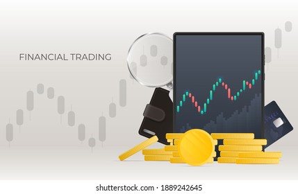 Financial trading banner. Tablet displaying stock market quotes, gold coins, bank card, coin and magnifying glass. Stock market investment trading concept. Vector illustration.