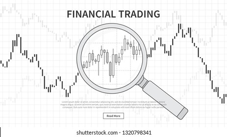 Financial trading chart with magnifier vector illustration. Candlestick trading graph creative concept with sample text. Financial chart with lens (magnifying glass) graphic design.