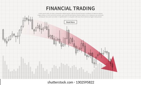 Financial trading chart with trend arrow down vector illustration. Candlestick trading graph creative concept with sample text. Financial chart with trend arrow graphic design.
